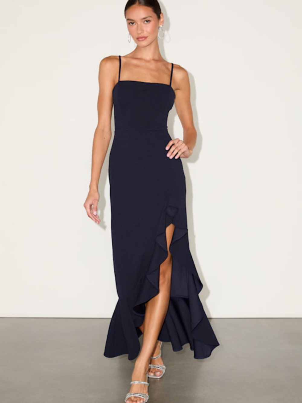 Lulus Iveta Navy Cutout Ruffled Sleeveless Midi Dress Blue - Size M